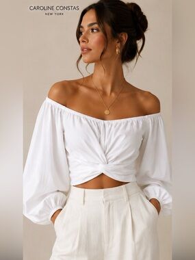 Caroline Constas White Off Shoulder Balloon Sleeve Twist Front Poplin Top XS